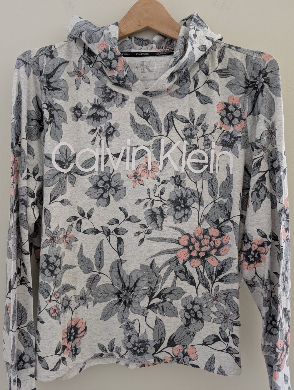 NEW CALVIN KLEIN Lightweight Floral Hooded Crop Top Women L XL Long Sleeve Shirt